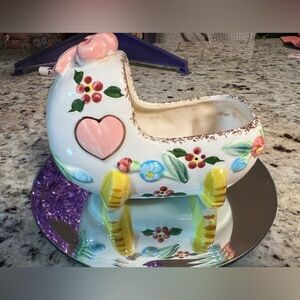 Vintage Lefton Baby Planter Vase Baby Bed Cradle Nursery Japan